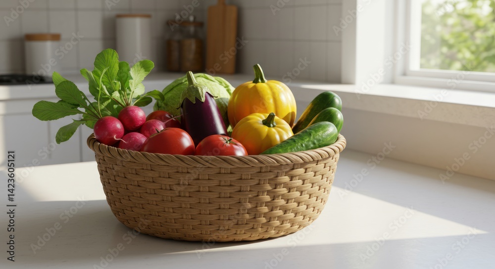 Woven basket filled with fresh vegetables sits on bright kitchen countertop. Woven basket filled with fresh vegetables sits on bright kitchen countertop.