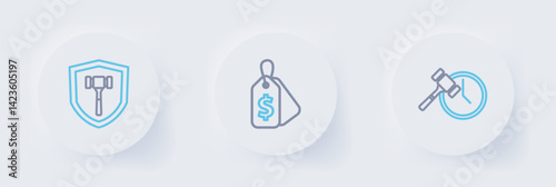 Set line Auction hammer, Price tag with Sale and icon. Vector