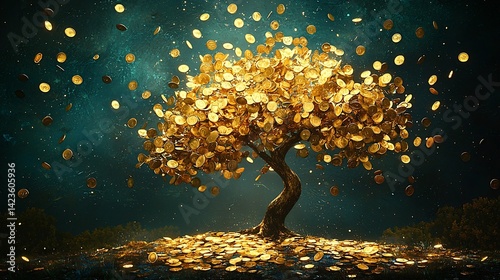 Surreal fantasy illustration of a magical tree showering coins down like raindrops from its branches