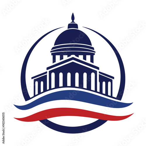 Influential minimalist logo design representing a lobbying firm with a prominent dome structure against a simple color palette