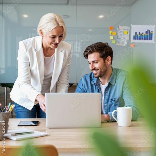 Blonde woman smiling while looking over the shoulder of a young man at a laptop screen in a bright office - a moment of teamwork, guidance, and learning in a collaborative business environment