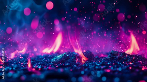 Mystical Fire Landscape: dreamlike abstract glowing ember scenery in purple and blue ambience, ideal for fantasy illustrations and prints