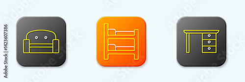 Set line Armchair, Bunk bed and Office desk icon. Vector