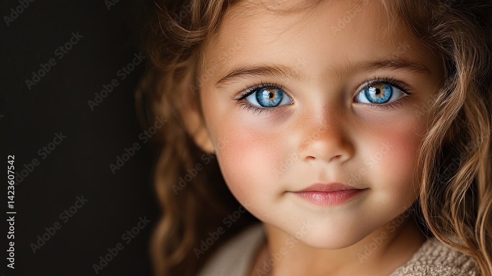 A child's portrait with a neutral background, a pure facial expression, with sparkling eyes highlighted by soft light. A child's portrait with a neutral background, a pure facial expression, with sparkling eyes highlighted by soft light.