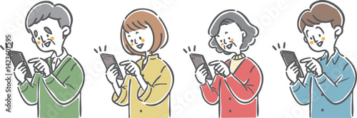 スマホを操作してご機嫌な二世代家族　上半身　ベクター