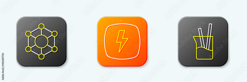 Set line Molecule, Lightning bolt and Laboratory glassware icon. Vector Set line Molecule, Lightning bolt and Laboratory glassware icon. Vector