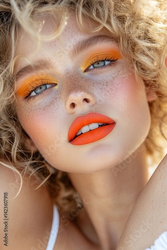 A girl with bright makeup, curly blond hair, in a white top, on a summer beach background. 