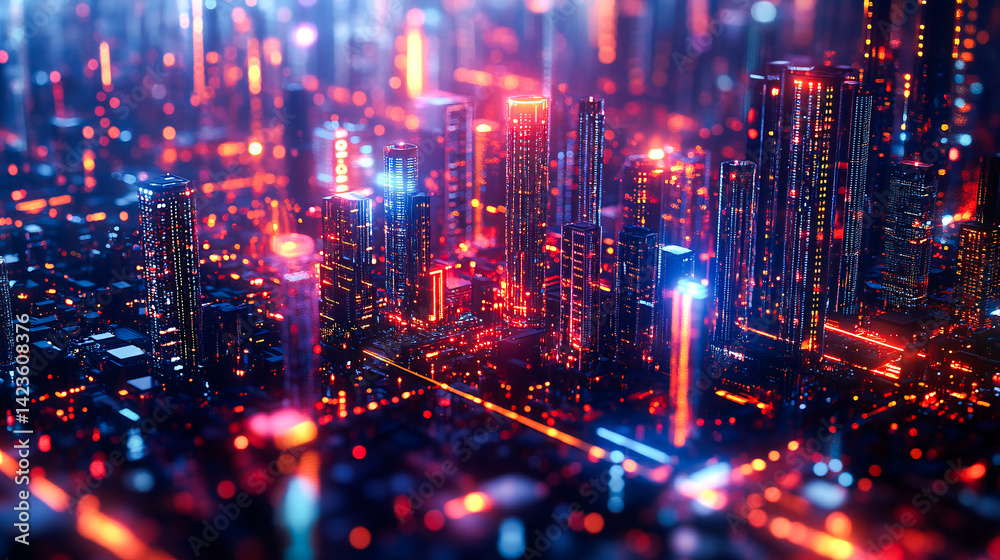 Smart city, line and communication pattern design for networking, connection and society for group of people. Closeup, ai generated and social gathering with graphic visual grid for global system