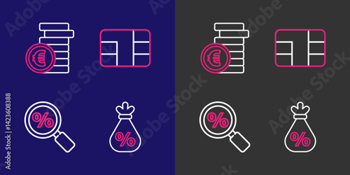 Set line Money bag with percent, Magnifying glass, Credit card chip and Coin money euro symbol icon. Vector