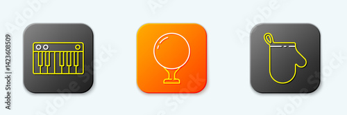 Set line Music synthesizer, Golf ball on tee and Oven glove icon. Vector
