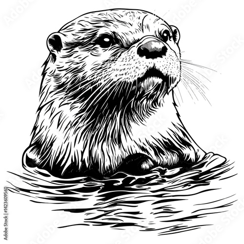 otter, animal, vector, transparent background, black and white style