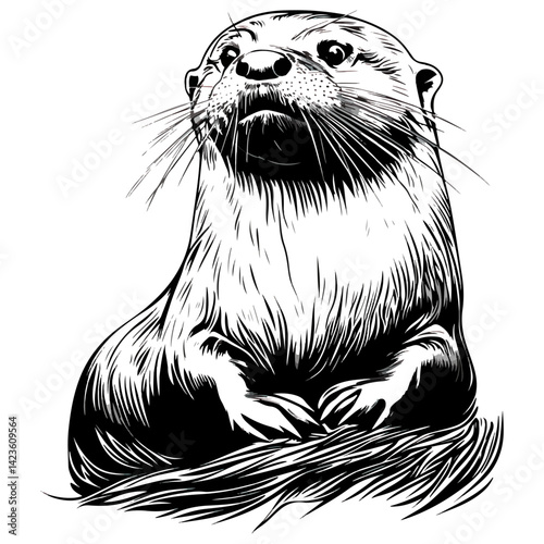 otter, animal, vector, transparent background, black and white style