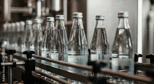 Row of glass bottles on conveyor belt in beverage production facility