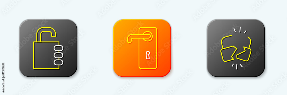 Set line Safe combination lock, Door handle and Broken cracked icon. Vector Set line Safe combination lock, Door handle and Broken cracked icon. Vector