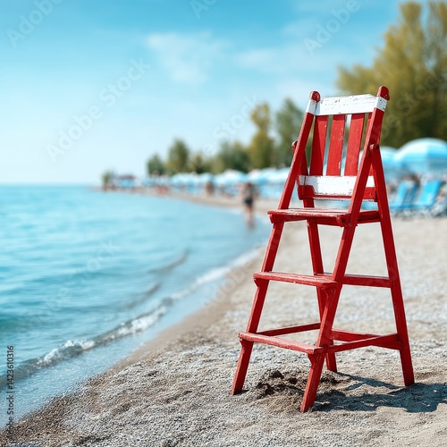 Lifeguard Chair Stands Watch on a Sunny Beach: A Guardian of the Coastline's Tranquil Waters