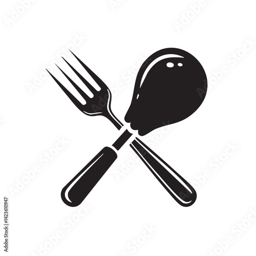 Fork and spoon crossed together symbolizing dining, restaurant services, and culinary experience