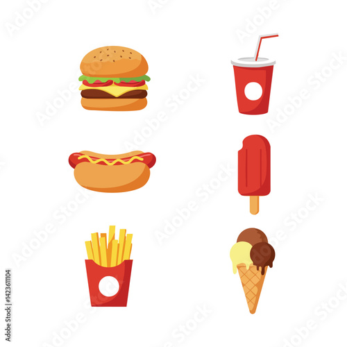 Vector fast food illustration set burger hotdog fries soda ice cream popsicle