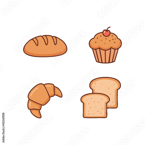 Bakery items vector illustration bread croissant muffin toast sweet food design