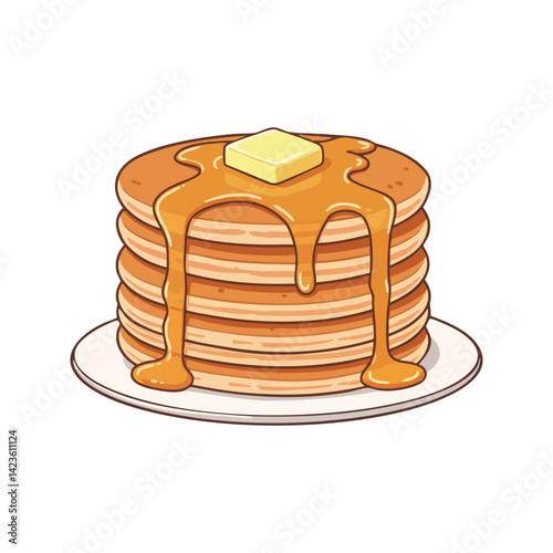 Delicious stack of pancakes with butter and syrup breakfast food illustration