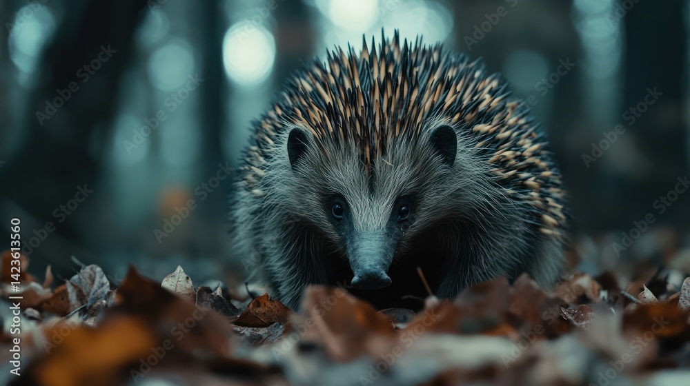 Fototapeta premium Forest hedgehog autumn leaves closeup nature wildlife