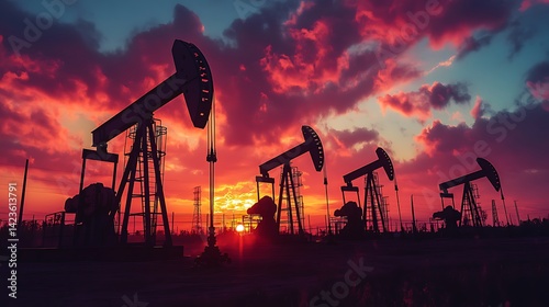 Oil Pumps Silhouetted Against a Dramatic Sunset Sky Energy Production photo