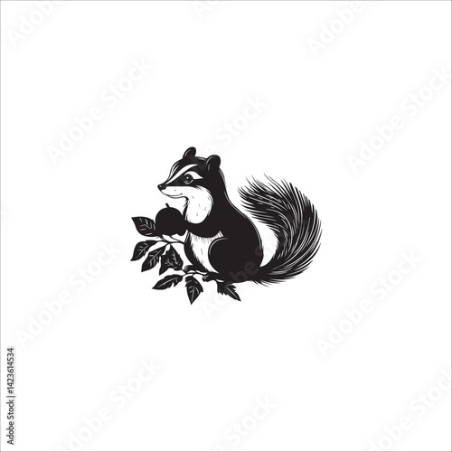 image of a skunk with hazelnuts in its paws, black and white, graphics, vector
