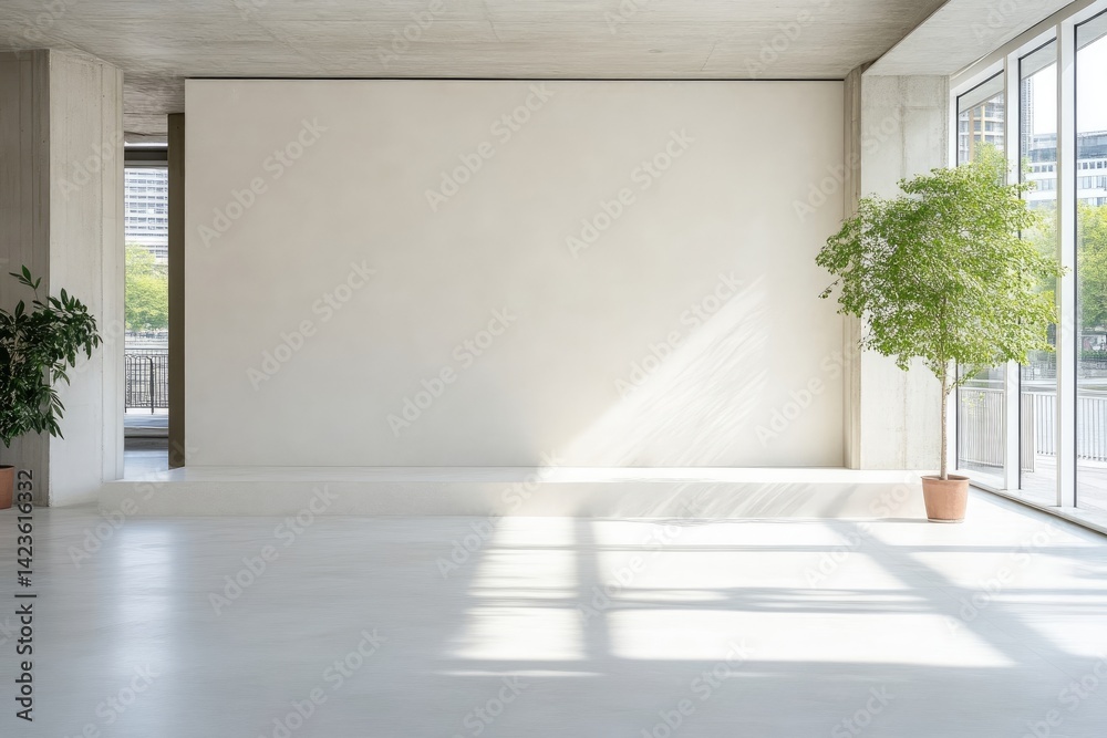 Fototapeta premium Modern, minimalist interior with large windows, bright and airy. Empty space ready for display