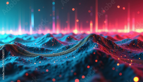 Abstract digital landscape with glowing waves and light bursts  
