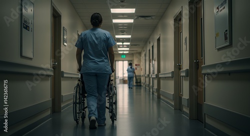 Nurse Pushing Wheelchair Down Hospital Corridor Offering Healthcare Support