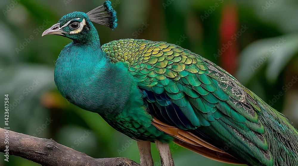 Obraz premium Bird with green and yellow feathers sitting on branch.