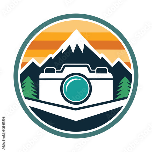 Minimalist logo design representing travel photography featuring mountains, a camera, and sunset colors for outdoor adventure enthusiasts