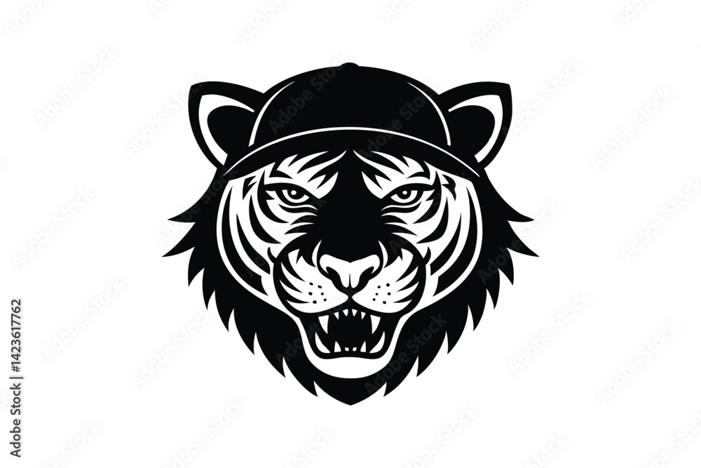 Obraz premium Silhouette art illustration of a tiger head wearing baseball cap and chain.eps