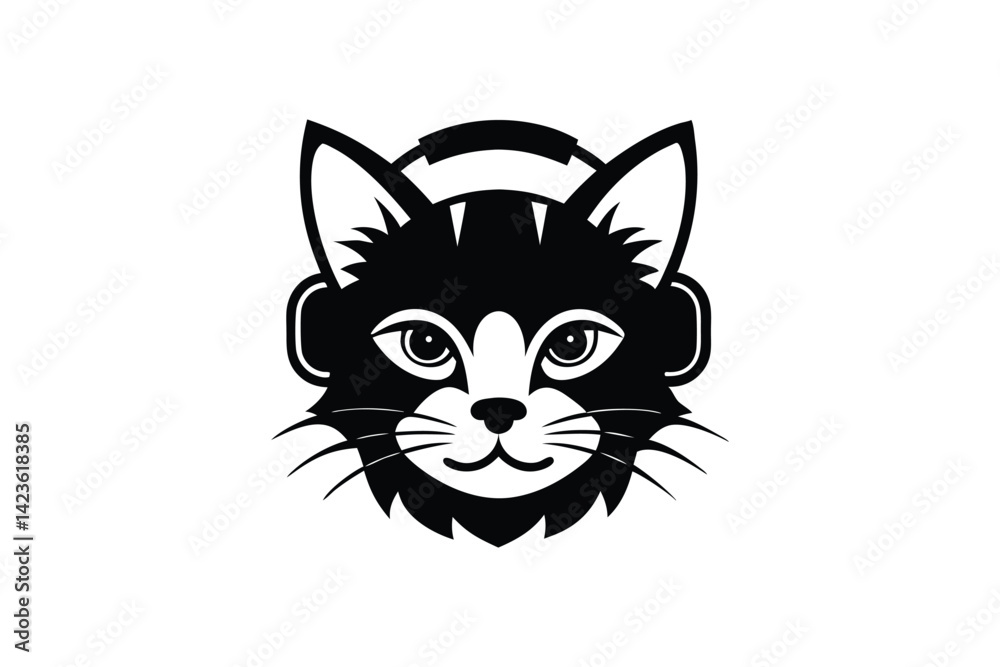 Silhouette art illustration of a cat head wearing headphones.eps Silhouette art illustration of a cat head wearing headphones.eps
