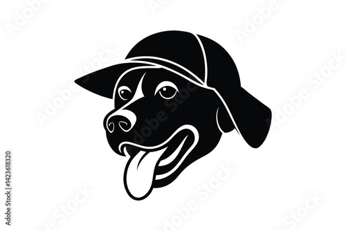 Silhouette art illustration of a dog head wearing baseball cap and tongue out.eps