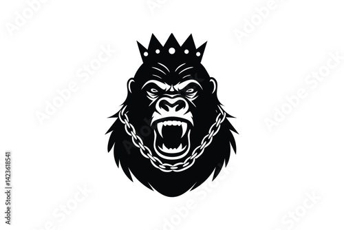 Silhouette art illustration of a gorilla head wearing crown and chain.eps