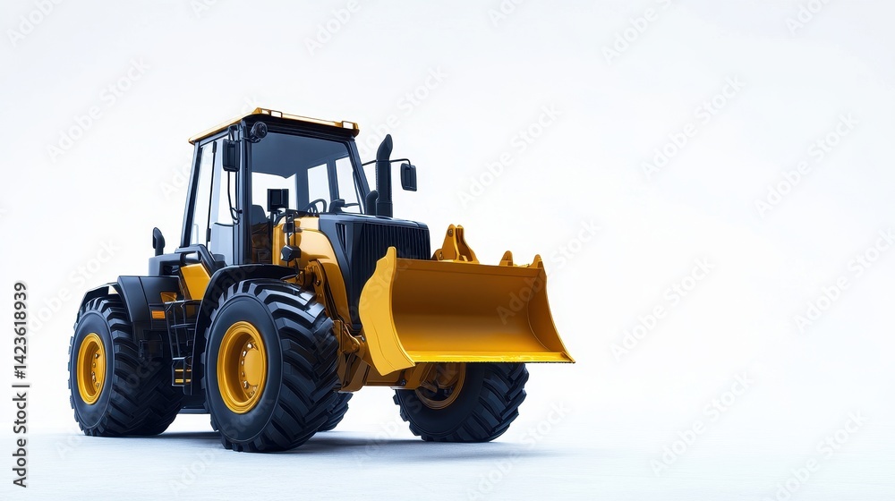 Heavy-duty construction vehicle with a large bucket on a plain background showcasing its design
