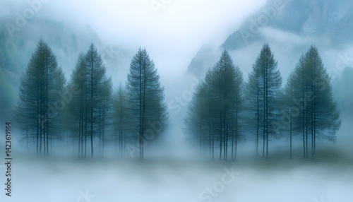 Serene misty mountain landscape with tall trees.