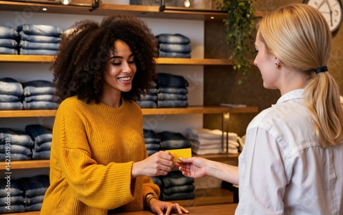 Smiling customer making contactless mobile payment to friendly retail associate in modern denim boutique fashion store