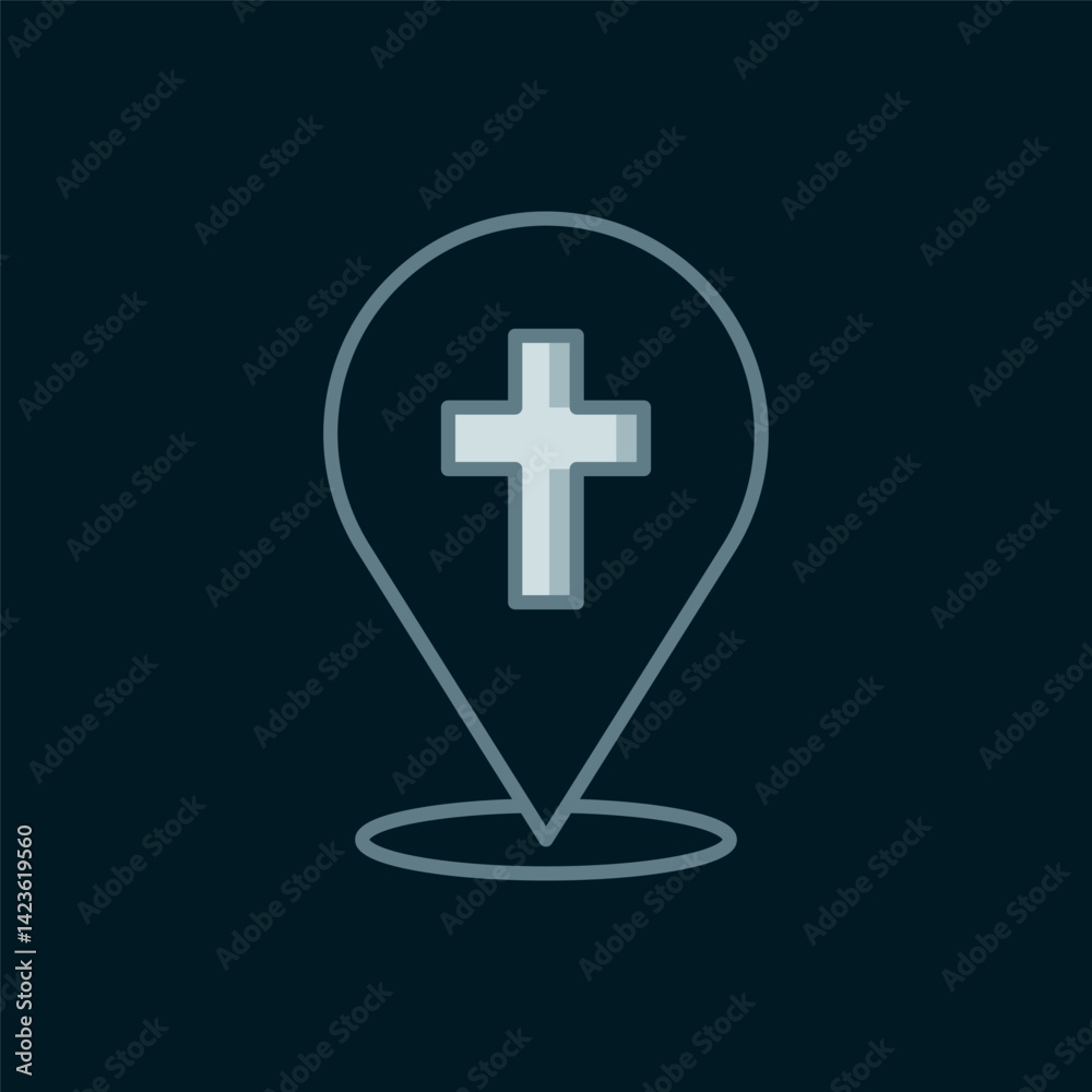 Fototapeta premium Line Map pin church building icon isolated on black background. Christian Church. Religion of church. Flat filled outline style with shadow. Vector