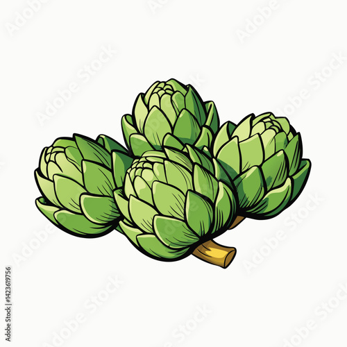 Drawing of a cauliflower with the green leaves. Artichokes group sketch style logo, Icon, element. Vector illustration