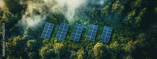 An aerial view of solar panels , symbolizing sustainable energy and environmentally friendly practices