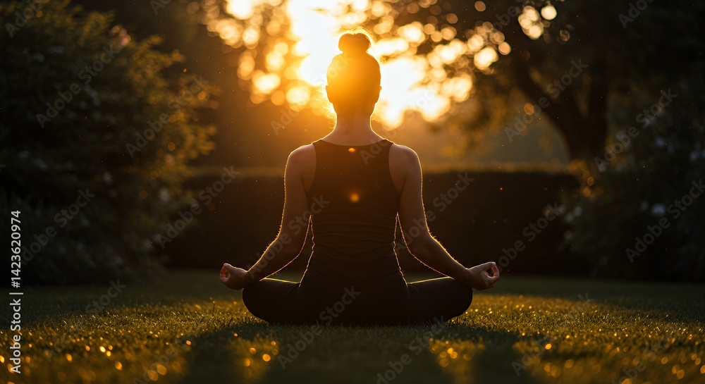 Woman Practicing Meditation Outdoors at Sunset for Mindfulness and Well-being