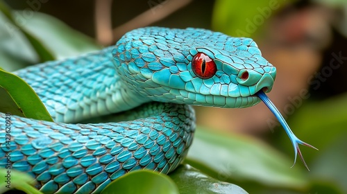 Blue Viper Snake Coiled with Red Eyes and Protruding Blue Tongue
