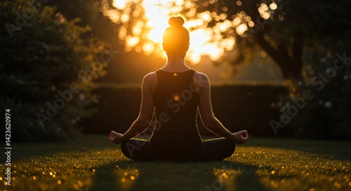 Obraz na płótnie Woman Practicing Meditation Outdoors at Sunset for Mindfulness and Well-being w salonie