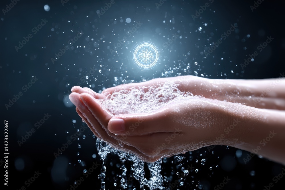 Hand Washing Symbol Hands under running water with soap bubbles and a glowing symbol for hygiene and prevention Hand Washing Symbol Hands under running water with soap bubbles and a glowing symbol for hygiene and prevention