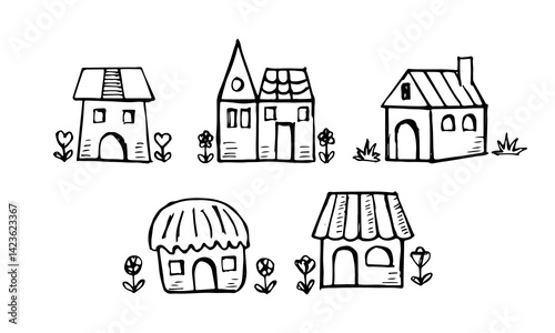 Home and houses hand-drawn cartoon collection with tiny plants.