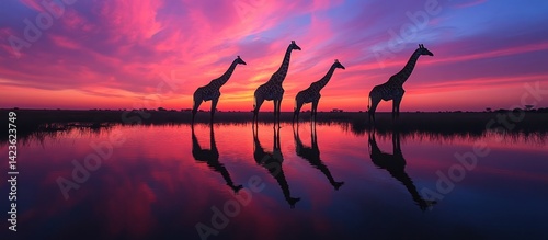 Sunset Giraffes Reflecting, African Savanna