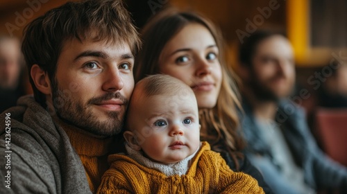 Couple passionately listens to city council discussions about public parks while holding their baby. The atmosphere reflects community involvement and civic responsibility.