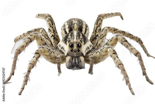 wolf spider, distinctive eye arrangement, textured exoskeleton, grounded stance, clean 