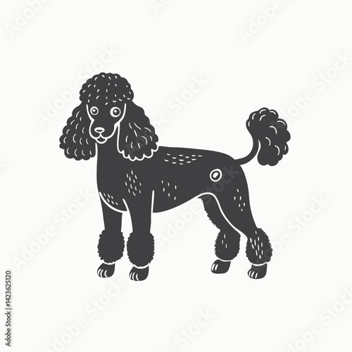 Cute vector illustration of a Poodle's head with bright eyes and a friendly expression Black silhouette Engraving Style Vector illustration